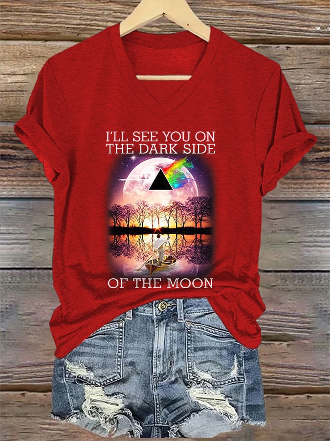 V-Neck Retro I'll See You On The Dark Side Of The Moon Print T-Shirt