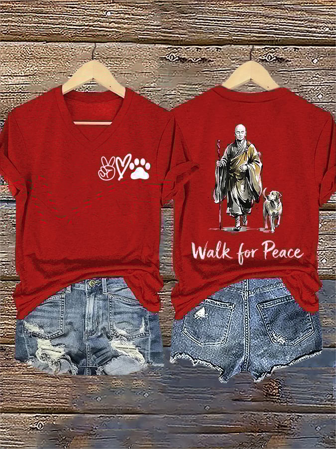 V-Neck Retro Walk For Peace Monks With Aloka Dog Print T-Shirt