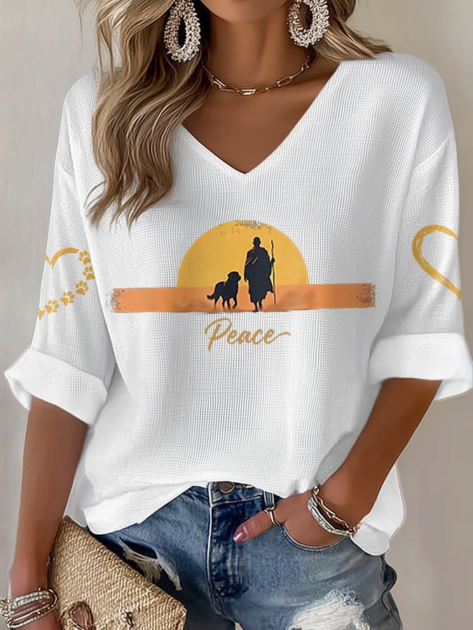 V-Neck Retro Walk For Peace Monks With Aloka Dog Print T-Shirt