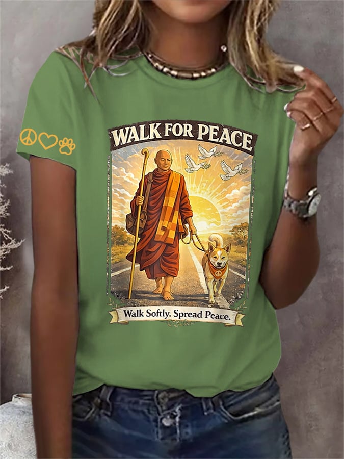 Retro Walk For Peace Monks With Aloka The Peace Dog Walk For Peace Walk Softly. Spread Peace Print T-Shirt