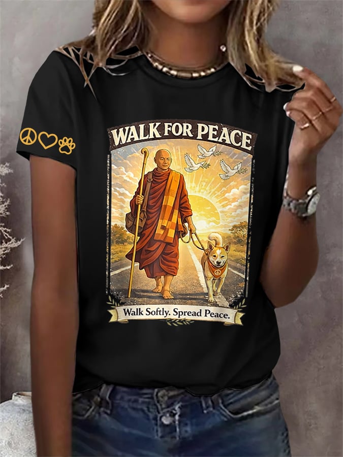Retro Walk For Peace Monks With Aloka The Peace Dog Walk For Peace Walk Softly. Spread Peace Print T-Shirt