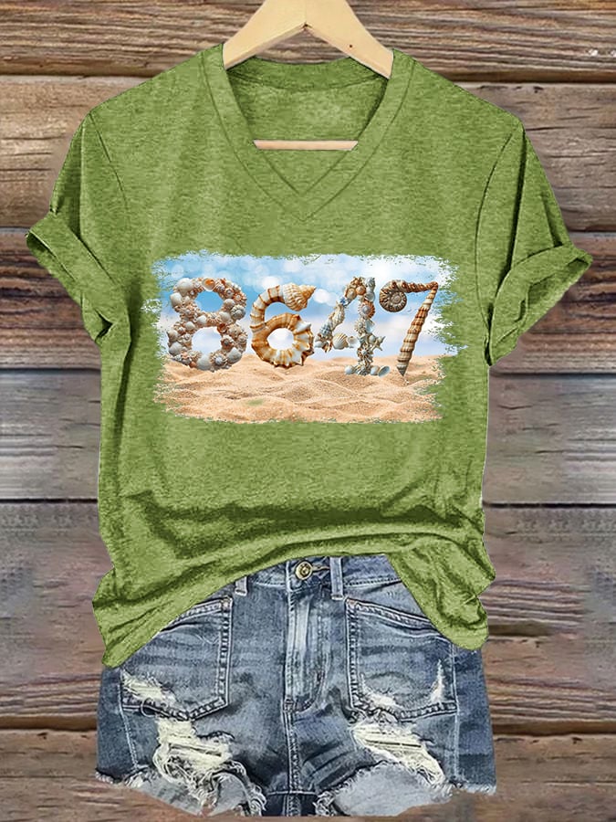 🔥Buy 3 Get 15% Off🔥V-Neck Retro 8647 Beach Seashells Print T-Shirt