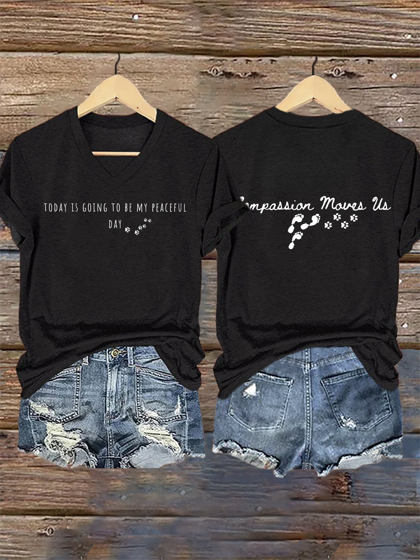 V-Neck Retro Peace Walking Monks With Aloka Dog -Today Is Going To Be Our Peaceful Day Compassion Move Us Print T-Shirt