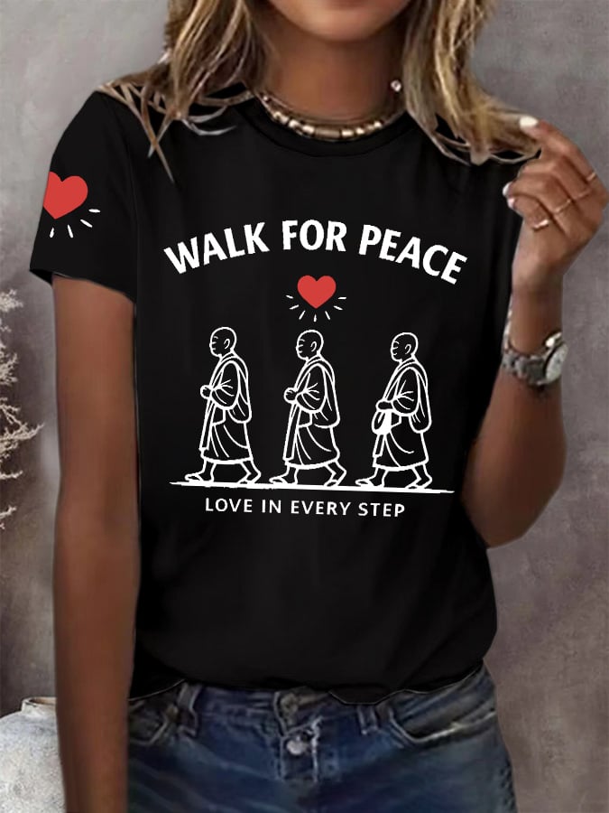 Retro Walk For Peace Love In Every Step Print T-Shirt