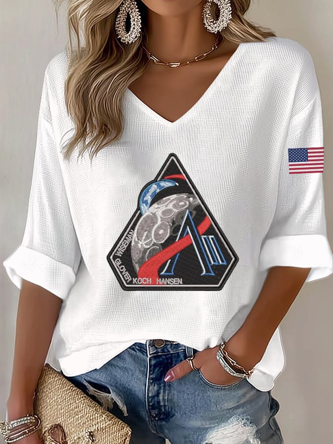Women's Artemis II Space Mission Print V-Neck Top