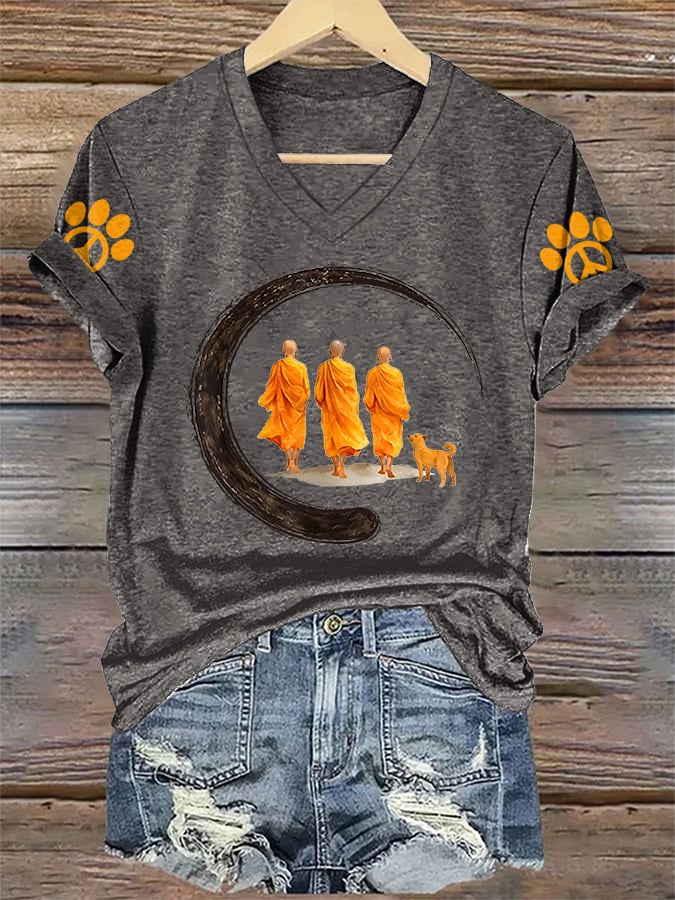 V-Neck Retro Walk In Peace Like Aloka Dog Print T-Shirt