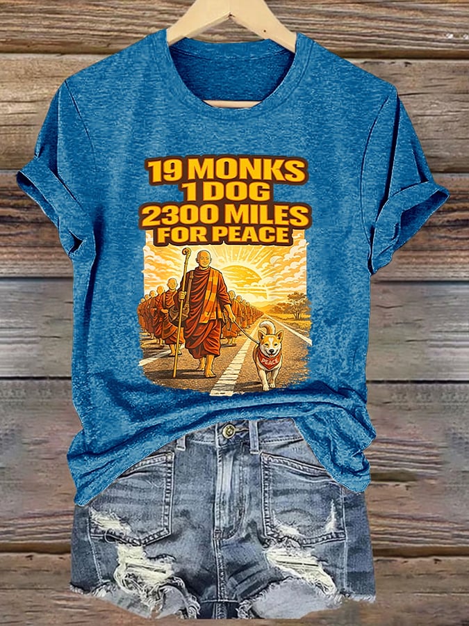 Retro Walk For Peace 19 Monks 1 Dog 2300 Miles For Peace Print T-Shirt
