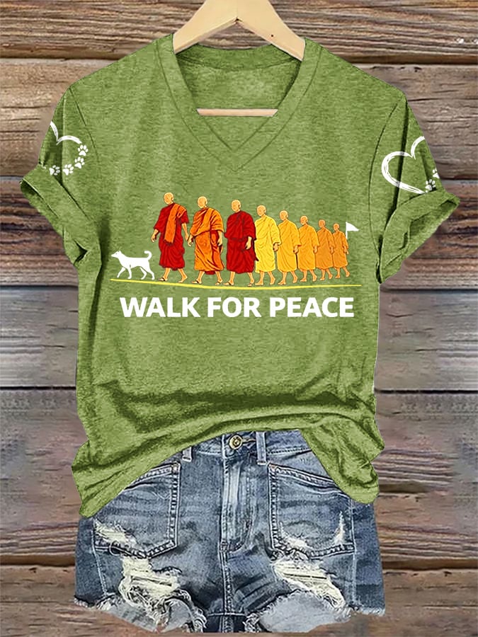 V-Neck Retro Walk For Peace Monks With Aloka Dog Print T-Shirt