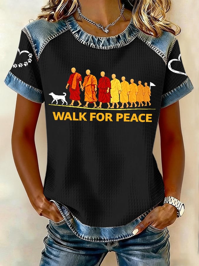 Retro Walk For Peace Monks With Aloka Dog Print T-Shirt