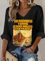 V-Neck Retro Walk For Peace 19 Monks 1 Dog 2300 Miles For Peace Print T-Shirt