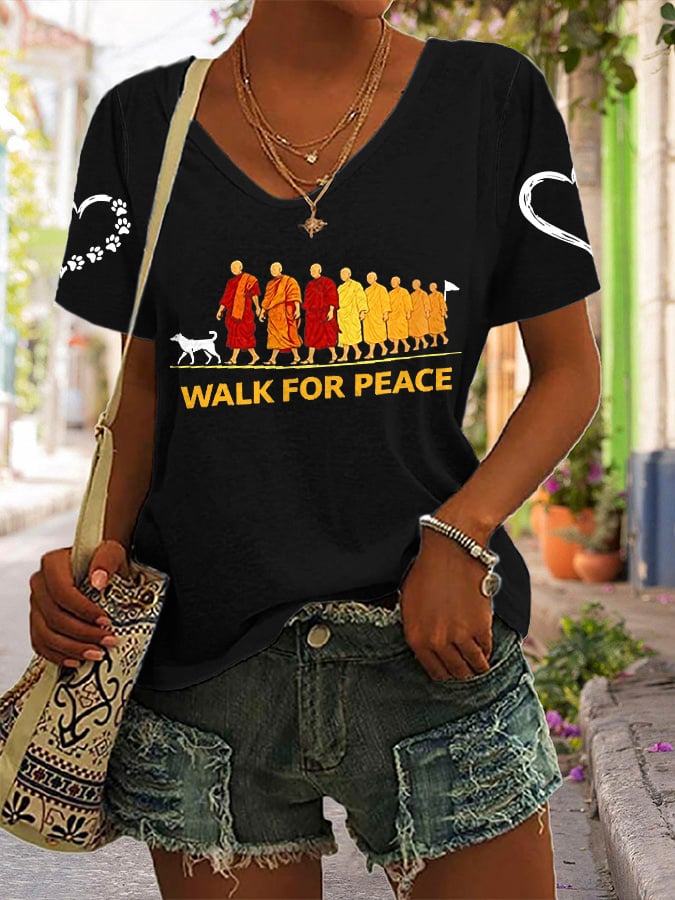 V-Neck Retro Walk For Peace Monks With Aloka Dog Print T-Shirt