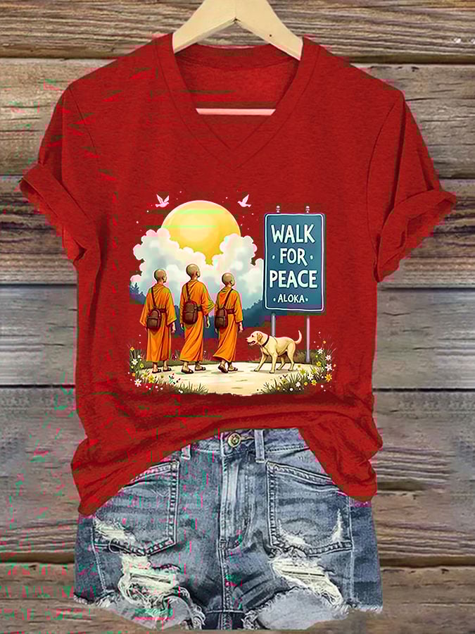 V-Neck Retro Walk For Peace Monks With Aloka Dog Print T-Shirt