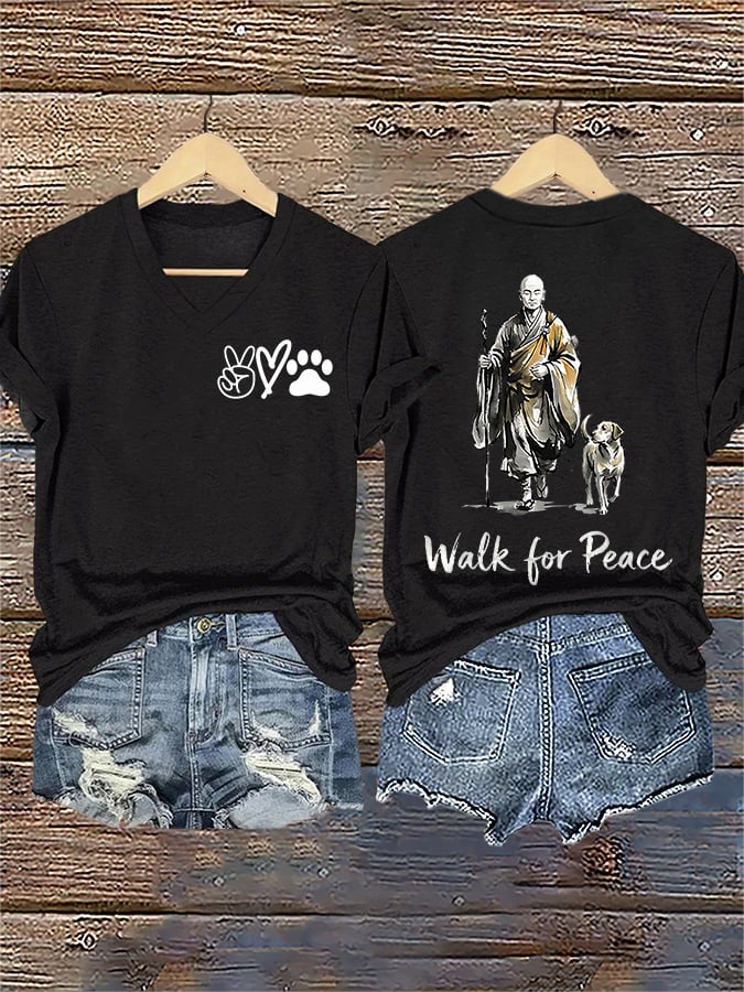 V-Neck Retro Walk For Peace Monks With Aloka Dog Print T-Shirt