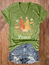 V-Neck Retro Walk For Peace Monks With Aloka Dog Print T-Shirt