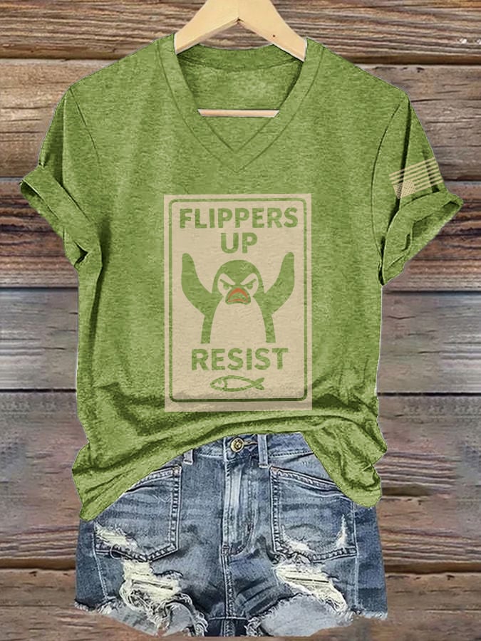🔥Buy 3 Get 15% Off🔥V-Neck Retro Flippers Up Penguins Resist Tariffs Print T-Shirt