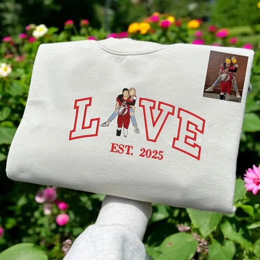 Personalized Embroidered Couple Photo Shirt – “LOVE” Portrait with Est. Year | Anniversary & Valentine’s Gift