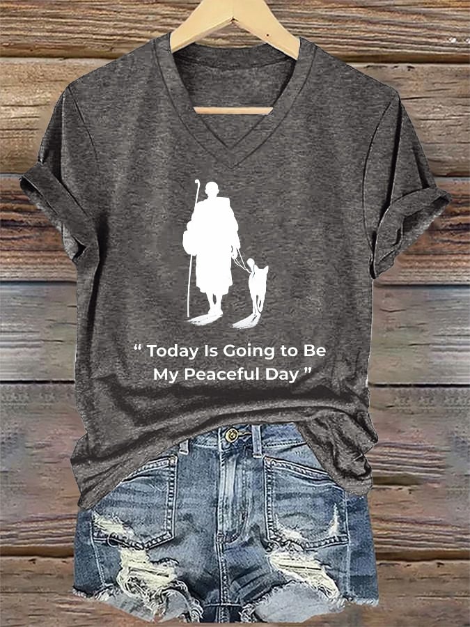V-Neck Retro Peace Walking Monks With Aloka Dog Today Is Going To Be Our Peaceful Day Print T-Shirt