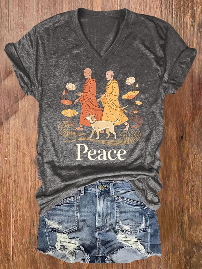 V-Neck Retro Walk For Peace Monks With Aloka Dog Print T-Shirt