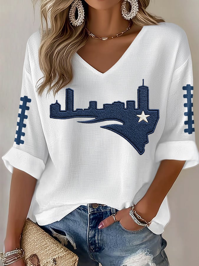 Women's Football Print Waffle Long Sleeve T-Shirt