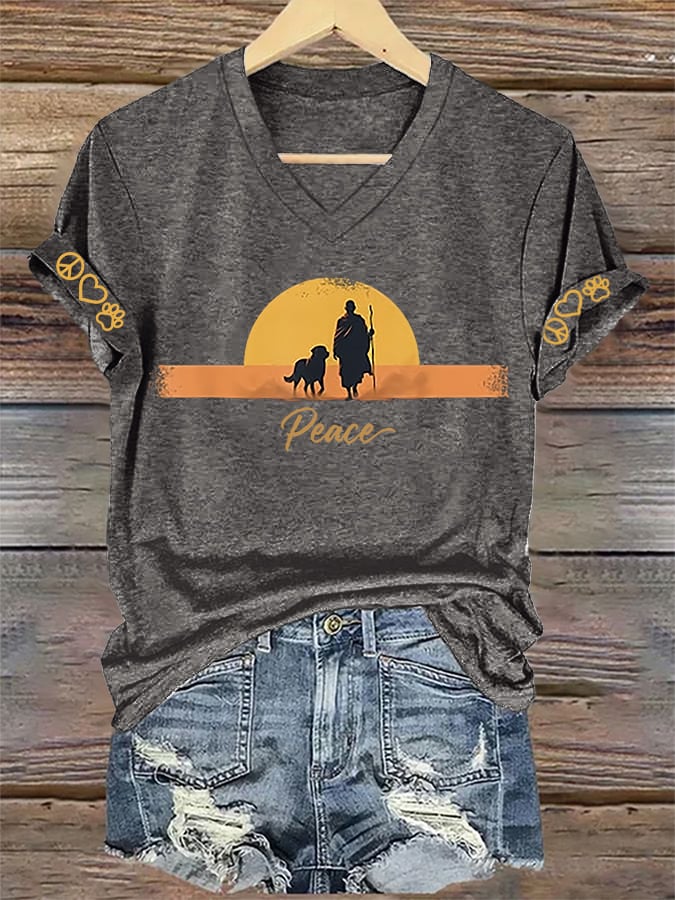 V-Neck Retro Walk For Peace Monks With Aloka Dog Print T-Shirt
