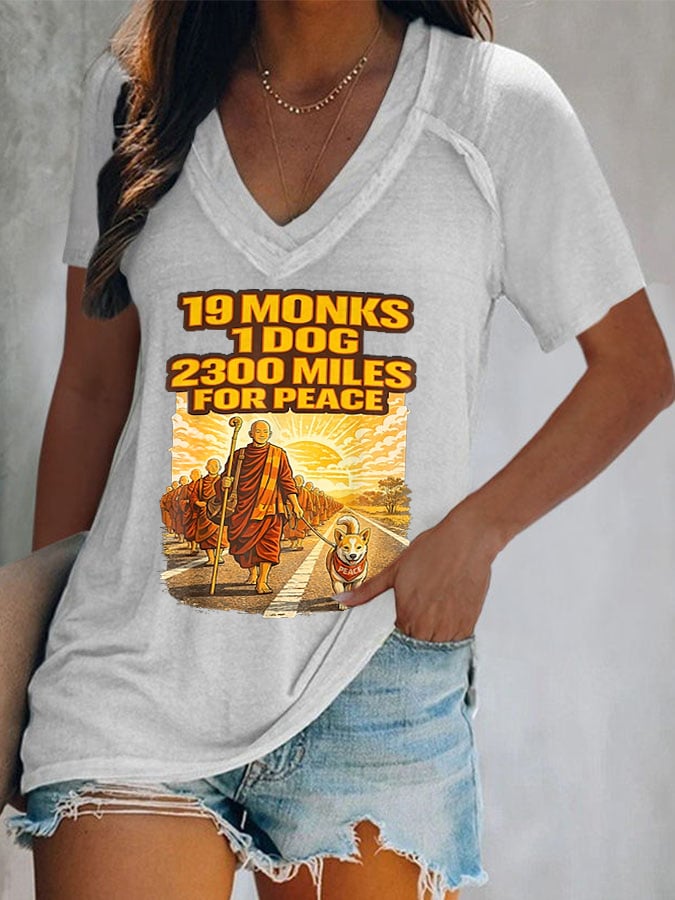 V-Neck Retro Walk For Peace 19 Monks 1 Dog 2300 Miles For Peace Print T-Shirt