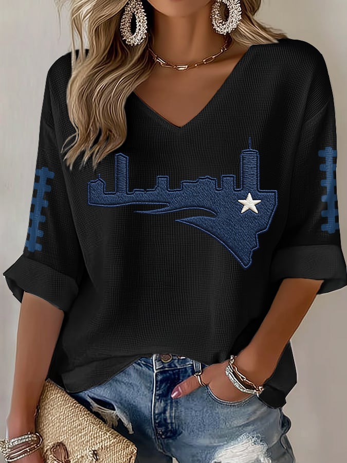 Women's Football Print Waffle Long Sleeve T-Shirt