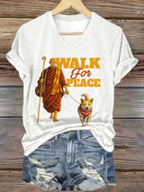 V-Neck Retro Walk For Peace Monks With Aloka Dog Print T-Shirt
