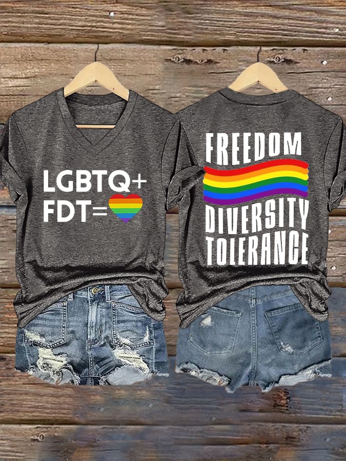 V-Neck Retro FDT Freedom Diversity Tolerance Print T-Shirt