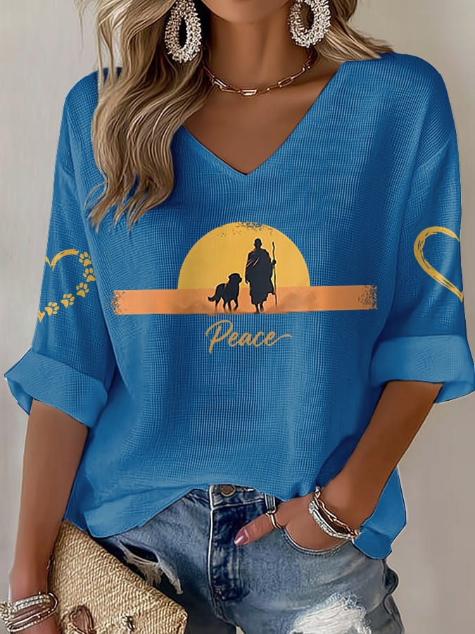 V-Neck Retro Walk For Peace Monks With Aloka Dog Print T-Shirt