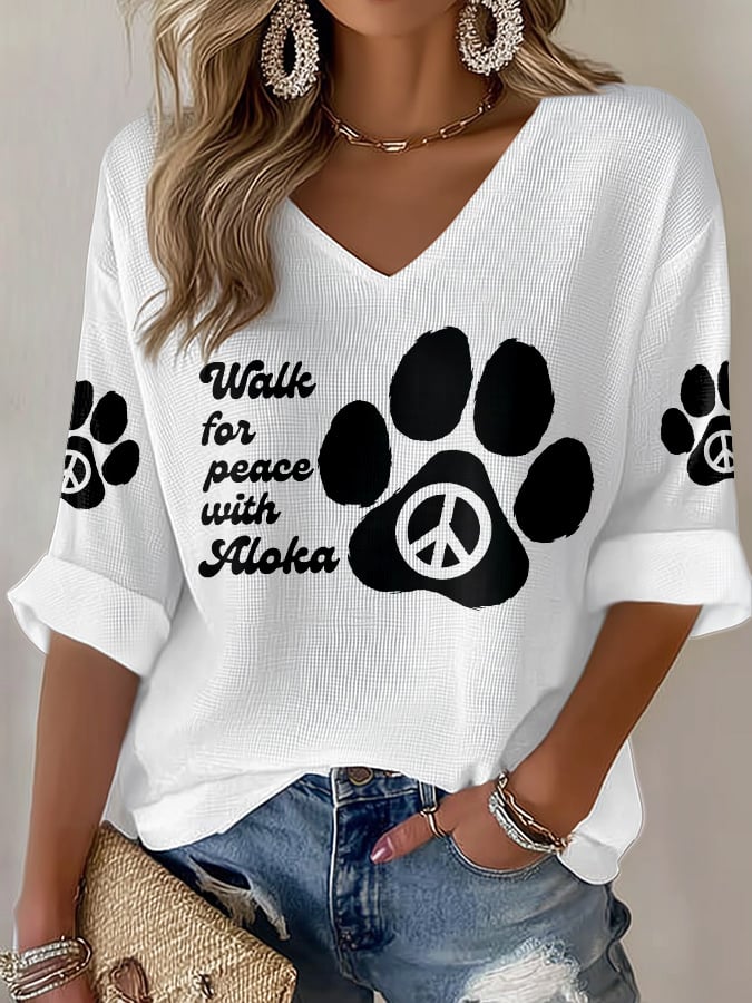 V-Neck Retro Walk For Peace Like Aloka Print T-Shirt