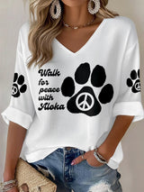 V-Neck Retro Walk For Peace Like Aloka Print T-Shirt