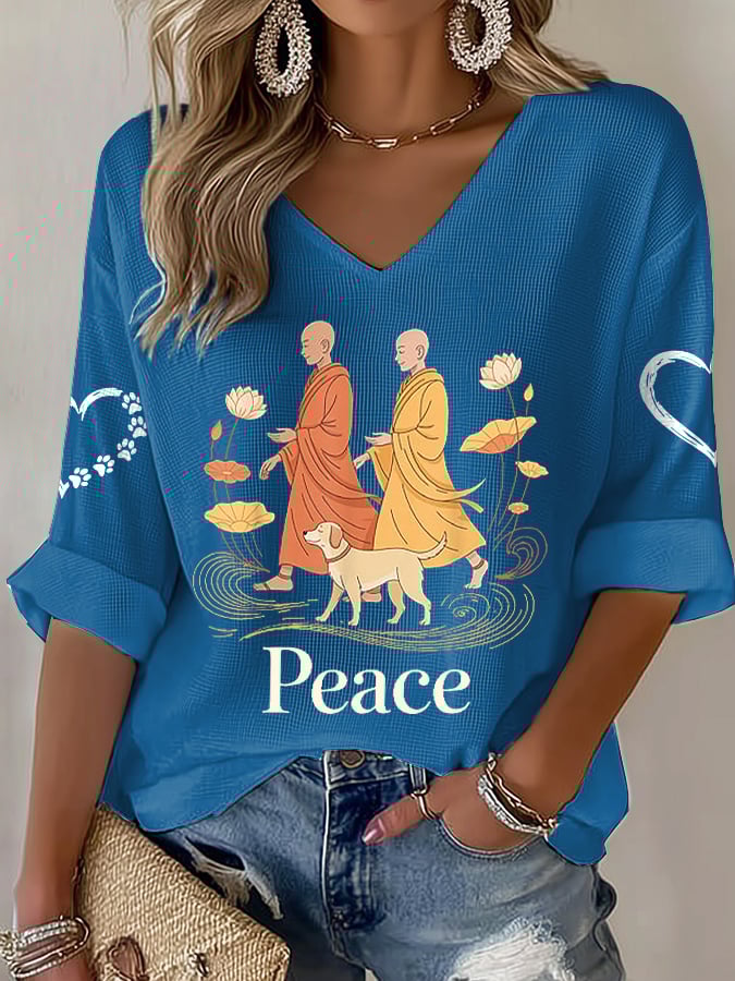 V-Neck Retro Walk For Peace Monks With Aloka Dog Print T-Shirt