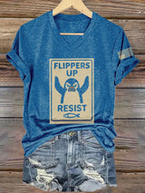 🔥Buy 3 Get 15% Off🔥V-Neck Retro Flippers Up Penguins Resist Tariffs Print T-Shirt