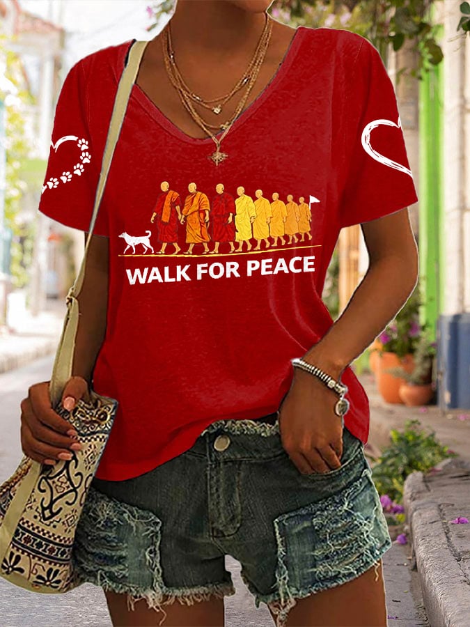 V-Neck Retro Walk For Peace Monks With Aloka Dog Print T-Shirt