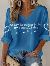 V-Neck Retro Peace Walking Monks With Aloka Dog Today Is Going To Be Our Peaceful Day Print T-Shirt