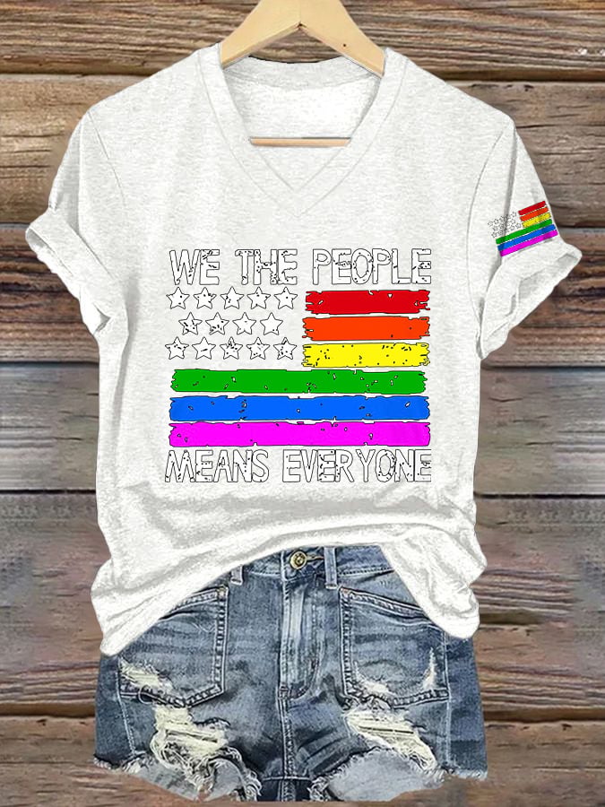 V-Neck Retro We The People Means Everyone Print T-Shirt