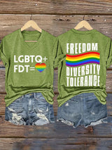 V-Neck Retro FDT Freedom Diversity Tolerance Print T-Shirt