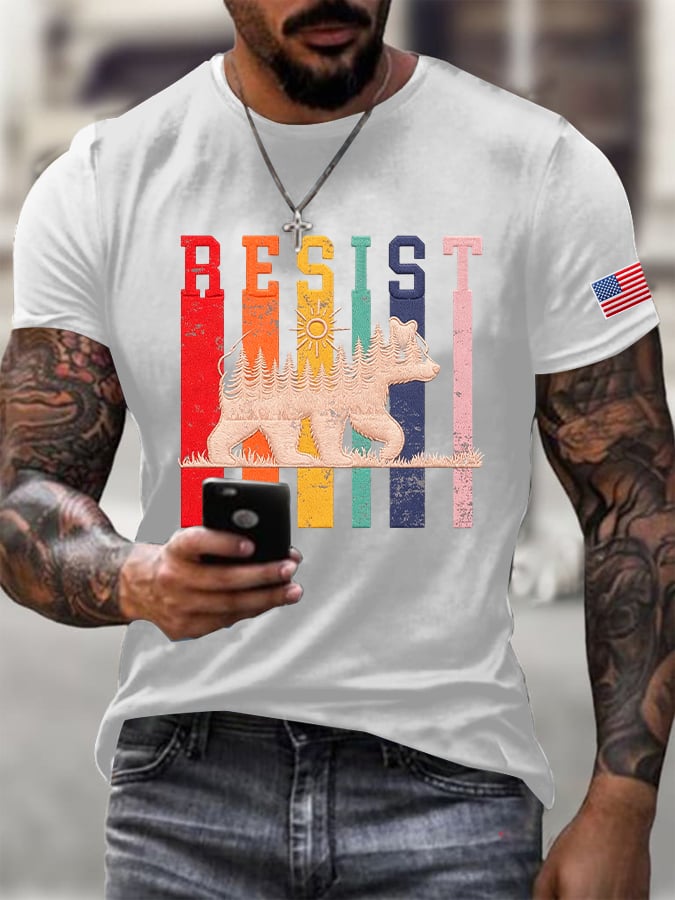 Men's Resist Bear Print Round Neck T-shirt