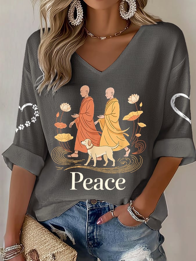V-Neck Retro Walk For Peace Monks With Aloka Dog Print T-Shirt