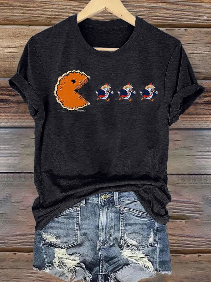 Women's  Funny Turkey Chasing Pie Sublimation FDT Thanksgiving  T-Shirt