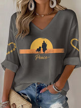 V-Neck Retro Walk For Peace Monks With Aloka Dog Print T-Shirt