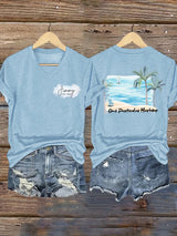V Neck Retro Harbour Palm Trees Print T-Shirt