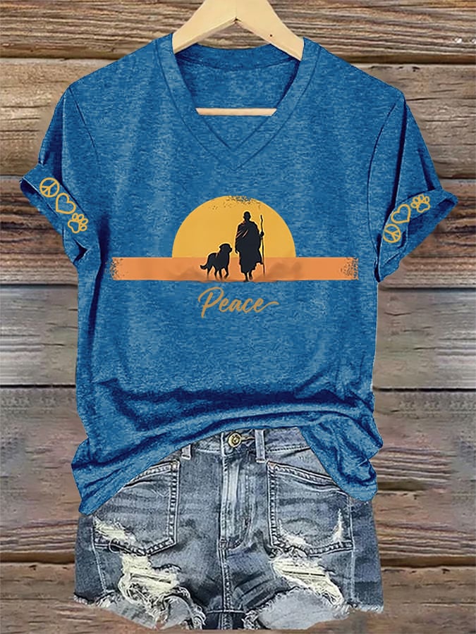 V-Neck Retro Walk For Peace Monks With Aloka Dog Print T-Shirt