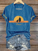 V-Neck Retro Walk For Peace Monks With Aloka Dog Print T-Shirt