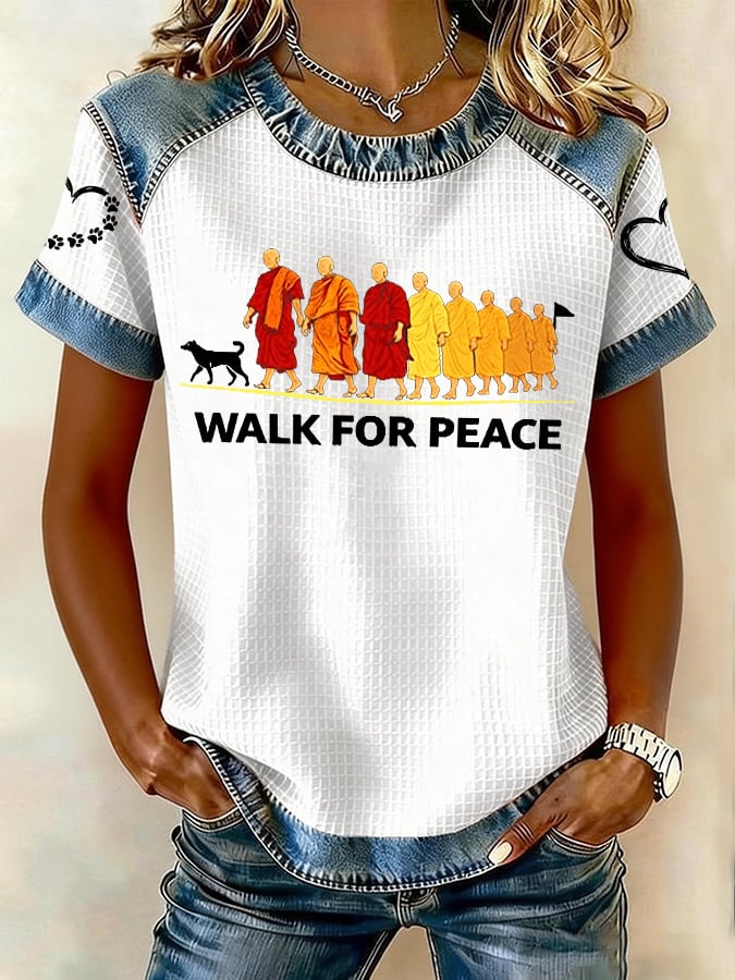 Retro Walk For Peace Monks With Aloka Dog Print T-Shirt