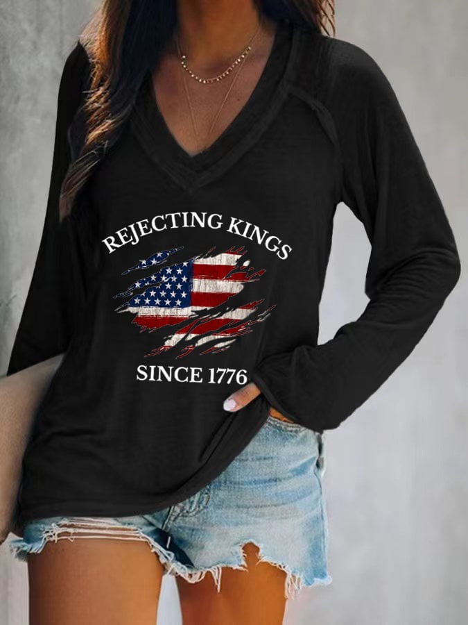 🔥Buy 3 Get 15% Off🔥Women's “Rejecting Kings Since 1776” Printed V-Neck Casual T-Shirt