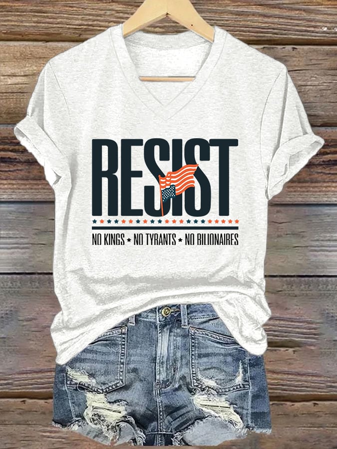 🔥Buy 3 Get 15% Off🔥V-Neck Retro Resist No Kings No Tyrants No Billionaires Print T-Shirt