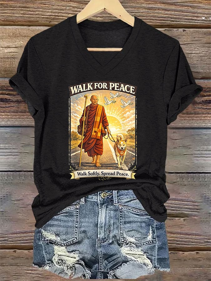 V-Neck Retro Walk For Peace Monks With Aloka The Peace Dog Walk For Peace Walk Softly. Spread Peace Print T-Shirt