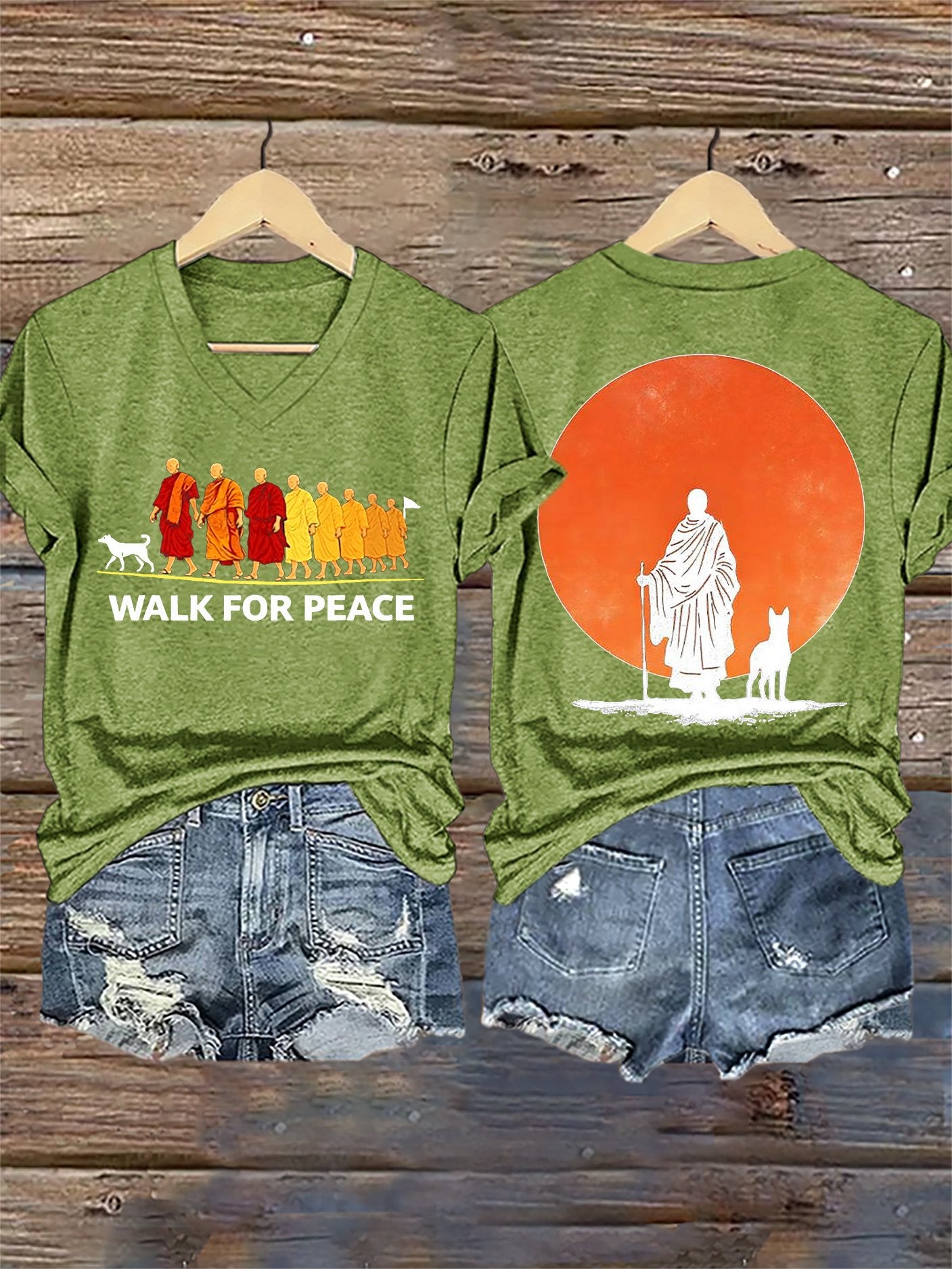 V-Neck Retro Walk For Peace Monks With Aloka Dog Print T-Shirt