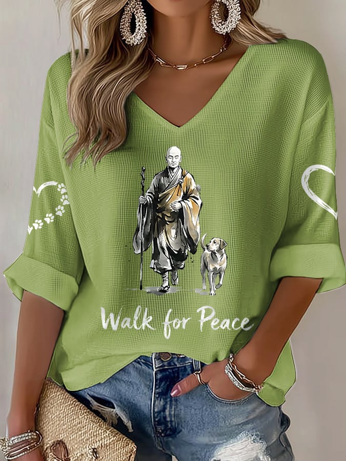 V-Neck Retro Walk For Peace Monks With Aloka Dog Print T-Shirt